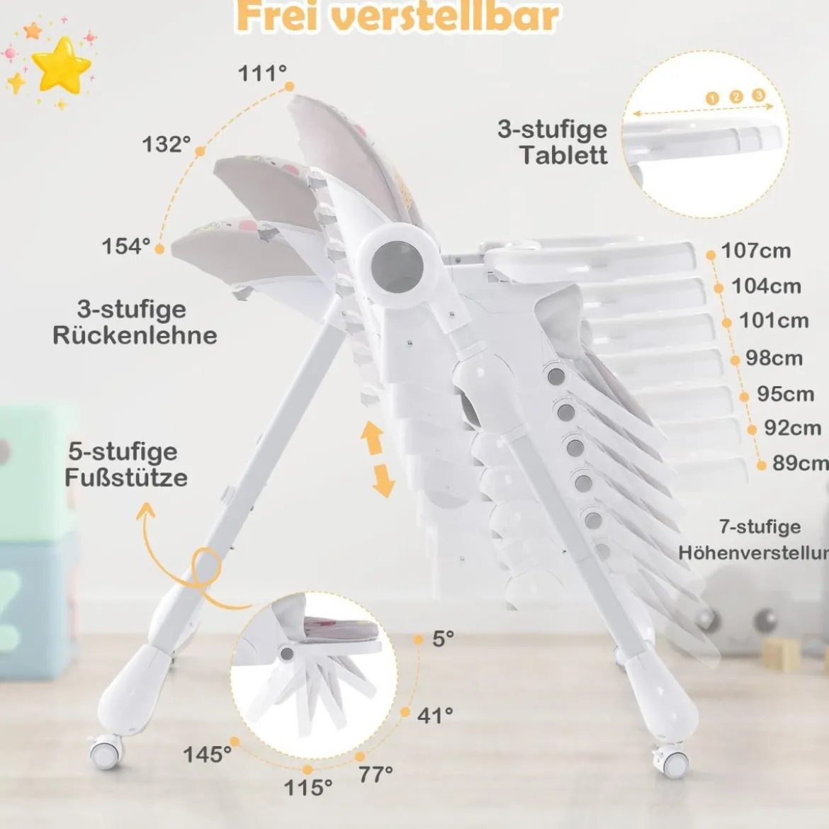3-in-1-Babyhochstuhl mit 5-fach verstellbarer Fußstütze 3-fach verstellbarer Rückenlehne & 4 Universalrädern Grau