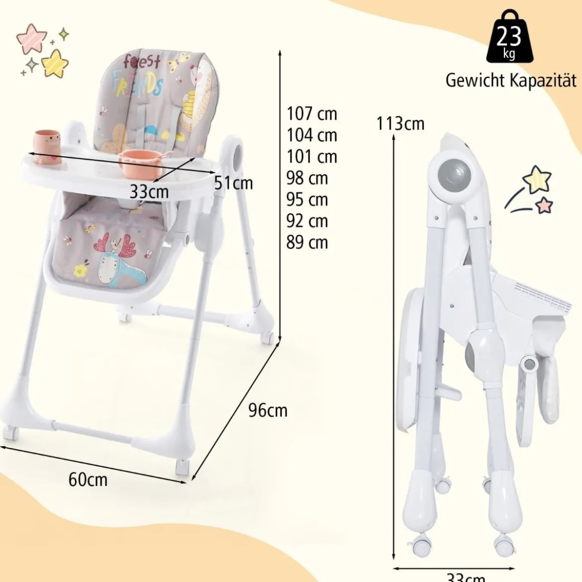 3-in-1-Babyhochstuhl mit 5-fach verstellbarer Fußstütze 3-fach verstellbarer Rückenlehne & 4 Universalrädern Grau