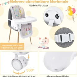 3-in-1-Babyhochstuhl mit 5-fach verstellbarer Fußstütze 3-fach verstellbarer Rückenlehne & 4 Universalrädern Grau