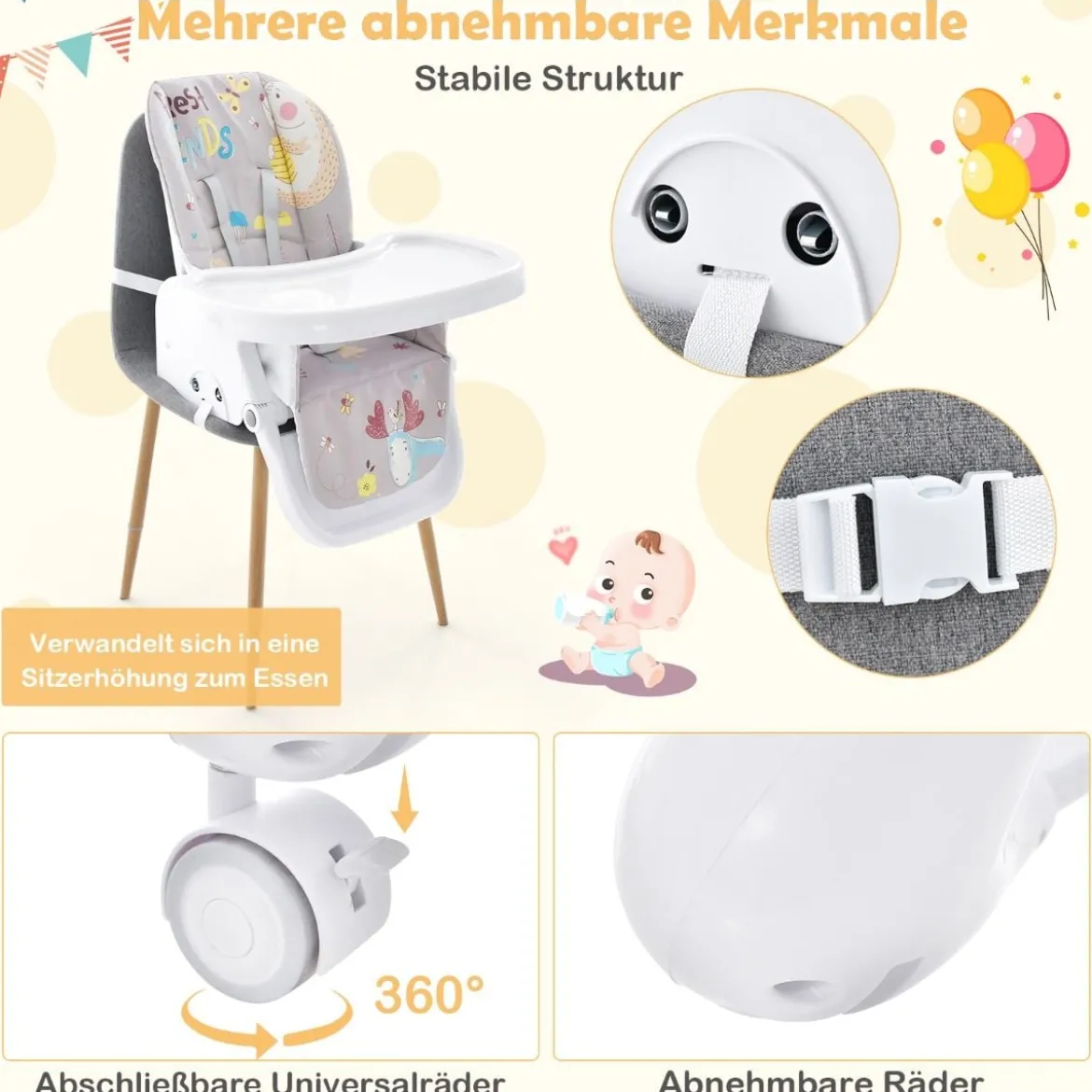 3-in-1-Babyhochstuhl mit 5-fach verstellbarer Fußstütze 3-fach verstellbarer Rückenlehne & 4 Universalrädern Grau