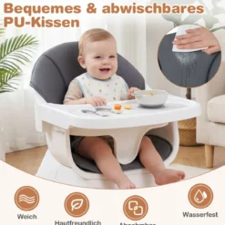 8 in 1 Baby Hochstuhl mit PU Kissen & 5 Punkt Gurt & Fußstütze & Abnehmbare Tablett Babystuhl