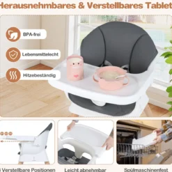 8 in 1 Baby Hochstuhl mit PU Kissen & 5 Punkt Gurt & Fußstütze & Abnehmbare Tablett Babystuhl