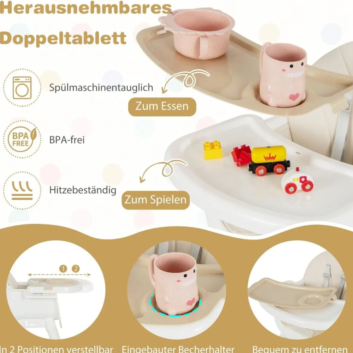 6 in 1 Babyhochstuhl mit Sicherheitsgurt & Abnehmbares Tablett Kindersitzgruppe Beige