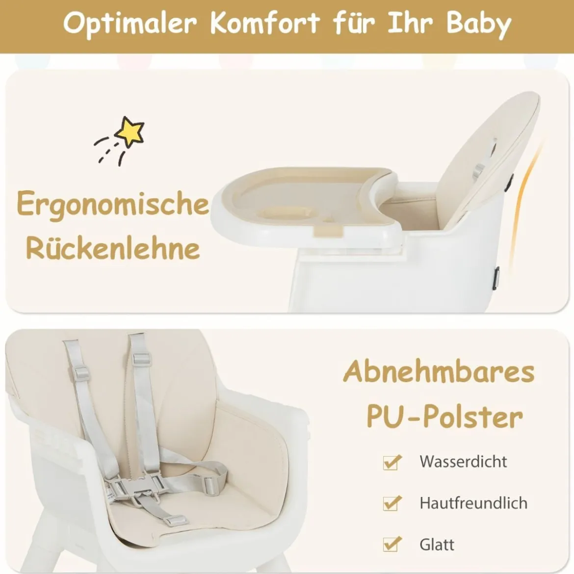 6 in 1 Babyhochstuhl mit Sicherheitsgurt & Abnehmbares Tablett Kindersitzgruppe Beige