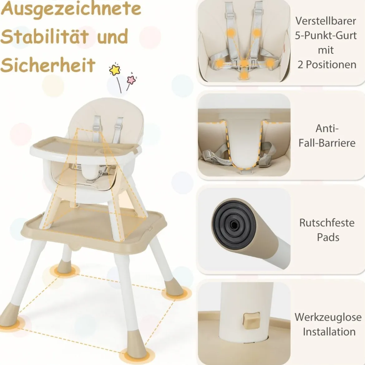 6 in 1 Babyhochstuhl mit Sicherheitsgurt & Abnehmbares Tablett Kindersitzgruppe Beige