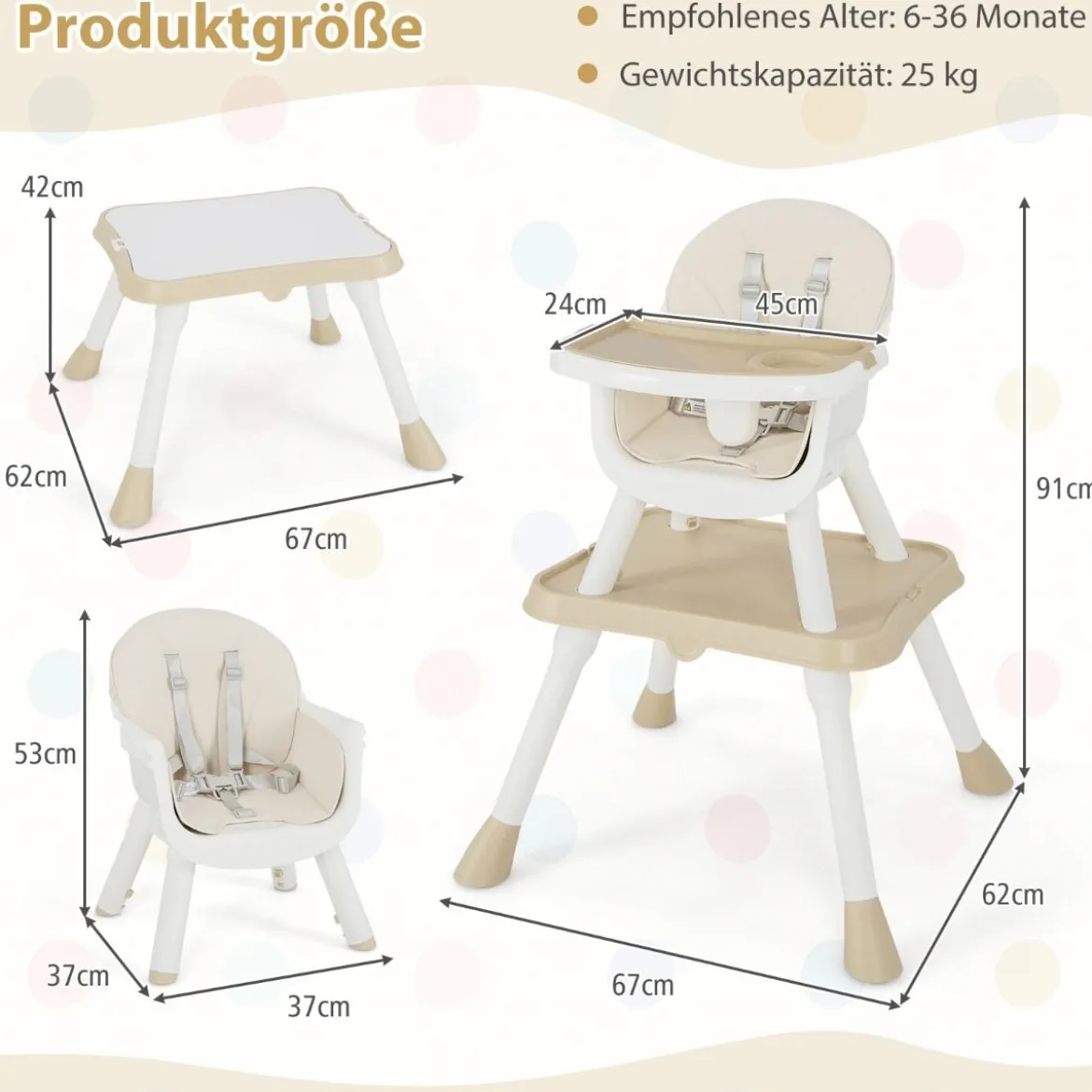 6 in 1 Babyhochstuhl mit Sicherheitsgurt & Abnehmbares Tablett Kindersitzgruppe Beige