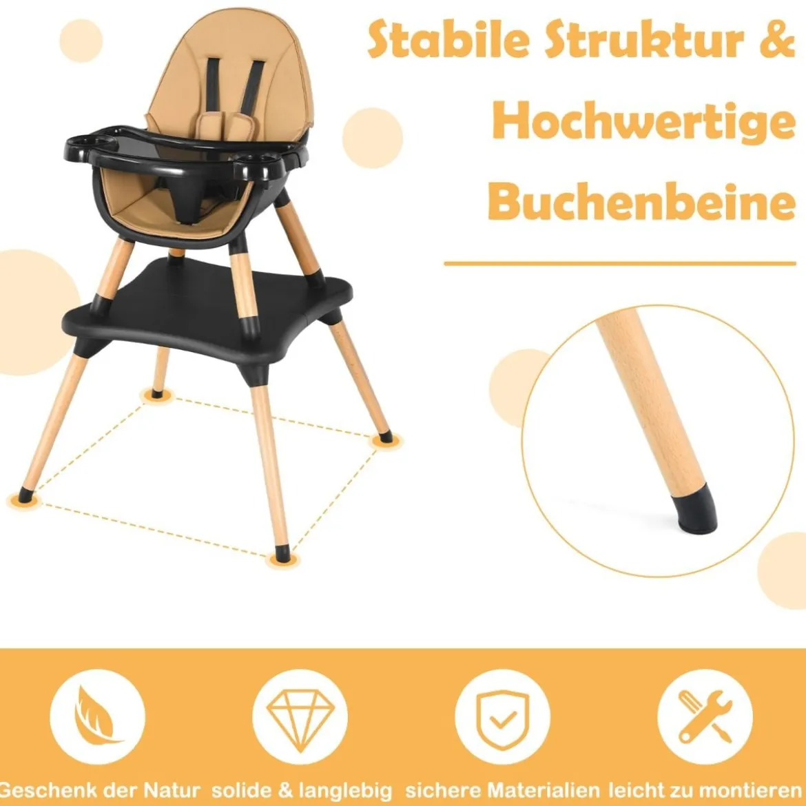 4-in-1 Babyhochstuhl mit Sicherheitsgurt & Abnehmbares Tablett Kindersitzgruppe Braun