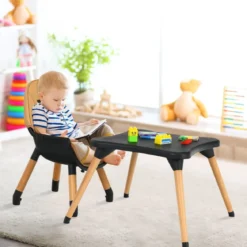 4-in-1 Babyhochstuhl mit Sicherheitsgurt & Abnehmbares Tablett Kindersitzgruppe Braun