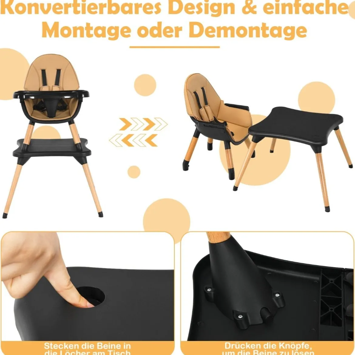 4-in-1 Babyhochstuhl mit Sicherheitsgurt & Abnehmbares Tablett Kindersitzgruppe Braun