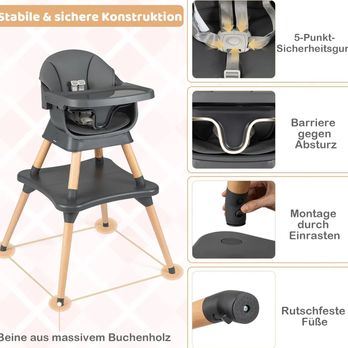 9 in 1 Baby Hochstuhl mit Sitzerhöhung & Abnehmbarem Tablett & Sicherheitsgurt Dunkelgrau