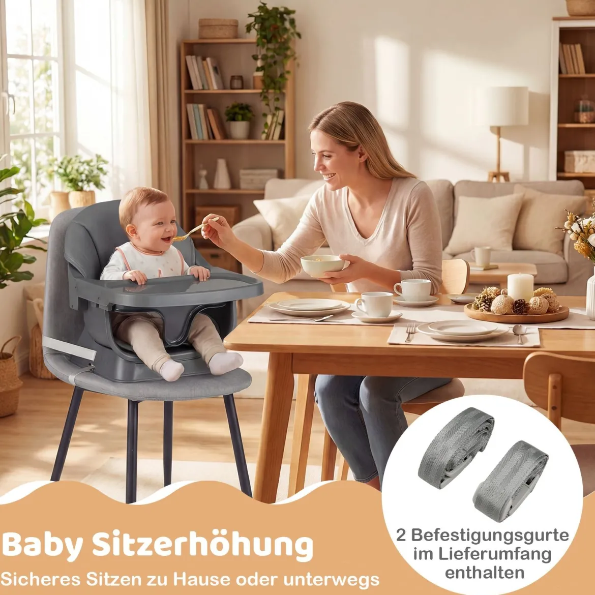 9 in 1 Baby Hochstuhl mit Sitzerhöhung & Abnehmbarem Tablett & Sicherheitsgurt Dunkelgrau