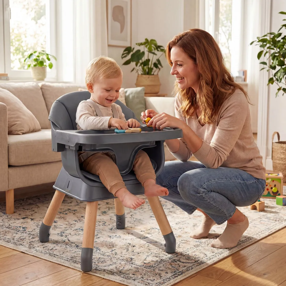9 in 1 Baby Hochstuhl mit Sitzerhöhung & Abnehmbarem Tablett & Sicherheitsgurt Dunkelgrau
