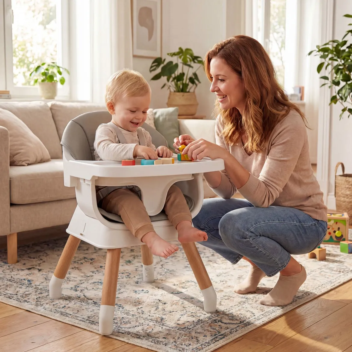 9 in 1 Baby Hochstuhl mit Sitzerhöhung & Abnehmbarem Tablett & Sicherheitsgurt Grau