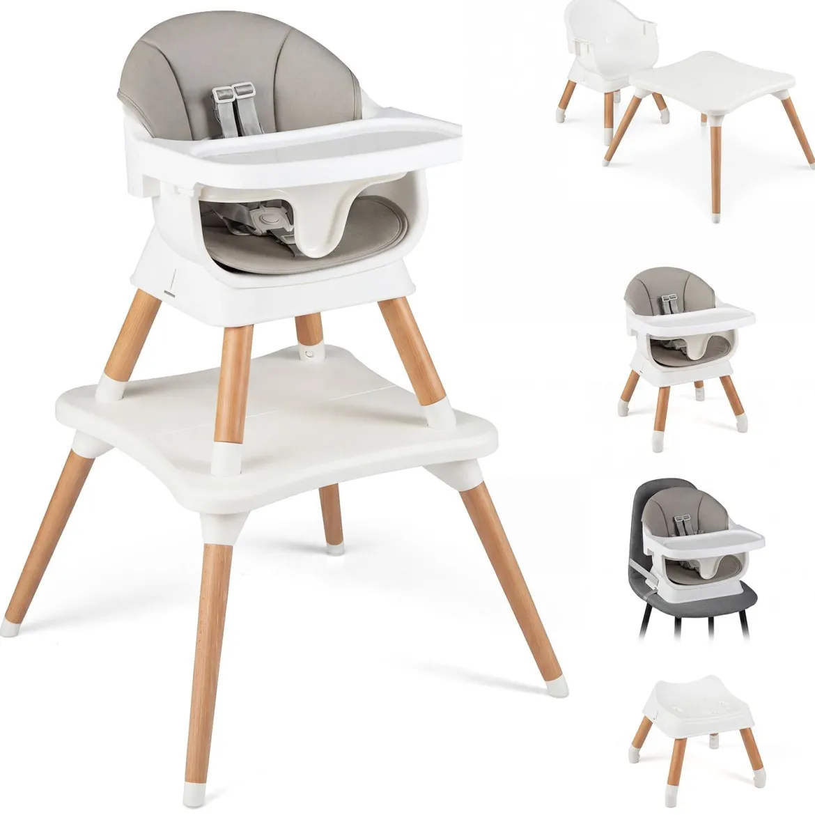 9 in 1 Baby Hochstuhl mit Sitzerhöhung & Abnehmbarem Tablett & Sicherheitsgurt Grau