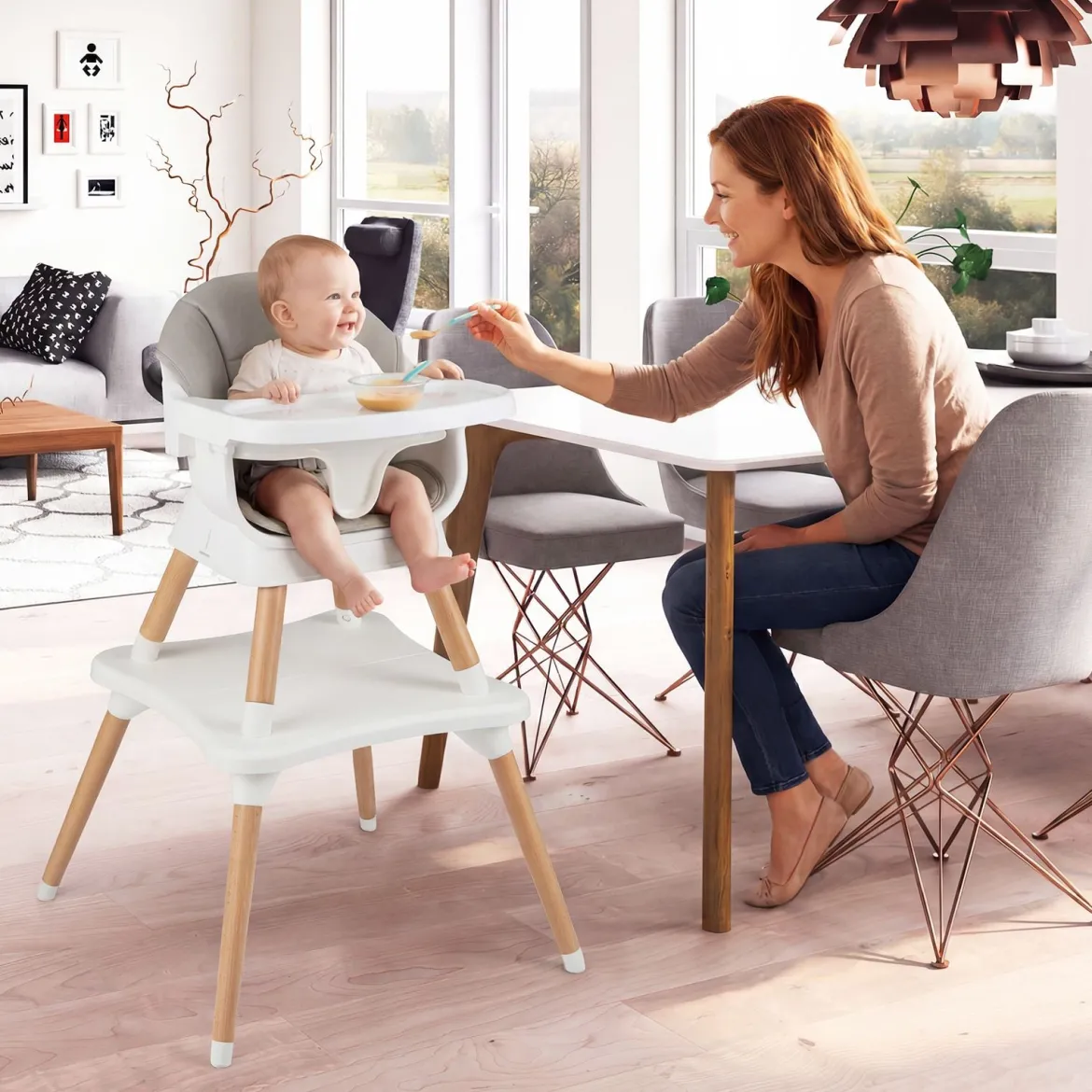 9 in 1 Baby Hochstuhl mit Sitzerhöhung & Abnehmbarem Tablett & Sicherheitsgurt Grau