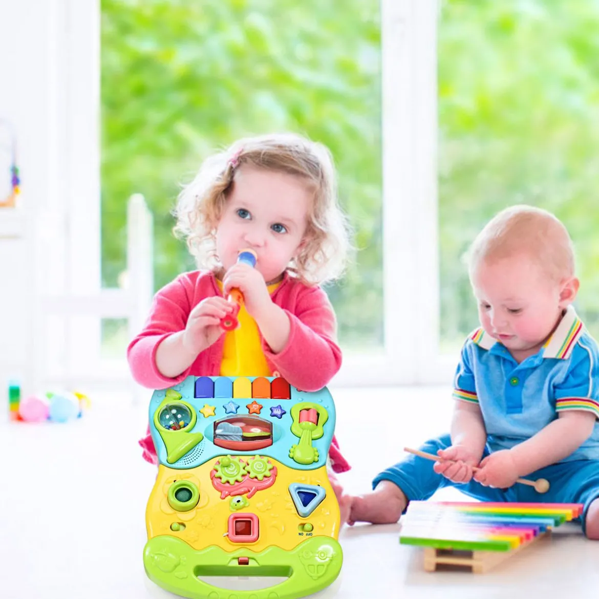 2 in 1 Baby-Lauflernhilfe Baby Walker mit höhenverstellbarem Handgriff 35,5 x 43 x 46-53 cm Bunt