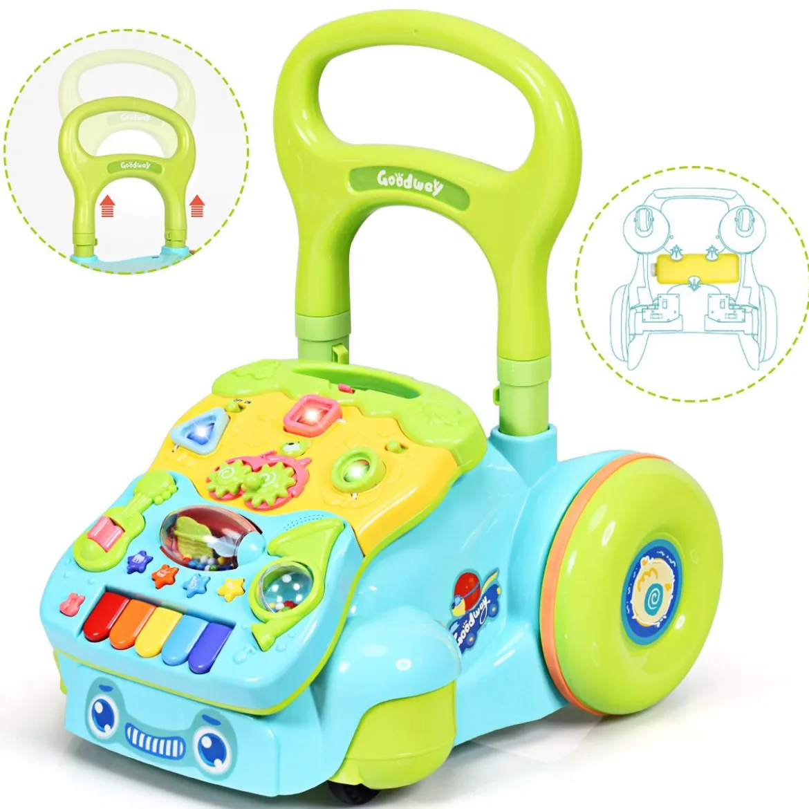 2 in 1 Baby-Lauflernhilfe Baby Walker mit höhenverstellbarem Handgriff 35,5 x 43 x 46-53 cm Bunt