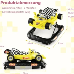 4 in 1 Baby Lauflernhilfe mit Verstellbarer Höhen & Abnehmbarem Spieltablett Autoförmige Lauflernwagen