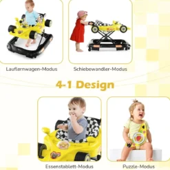 4 in 1 Baby Lauflernhilfe mit Verstellbarer Höhen & Abnehmbarem Spieltablett Autoförmige Lauflernwagen