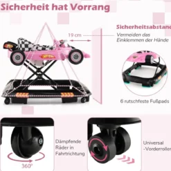 4 in 1 Baby Lauflernhilfe mit Verstellbarer Höhen & Abnehmbarem Spieltablett Autoförmige Lauflernwagen