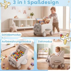 3-in-1 Baby Lauflernwagen aus Kunststoff Lauflernhilfe mit Klappbarer Sitz Stauraum Rädern Zugseil & Griff