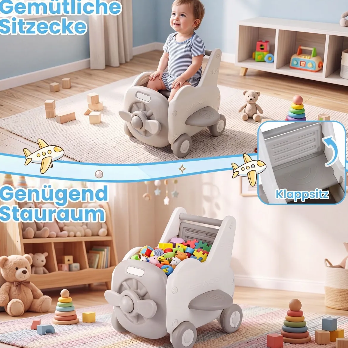 3-in-1 Baby Lauflernwagen aus Kunststoff Lauflernhilfe mit Klappbarer Sitz Stauraum Rädern Zugseil & Griff