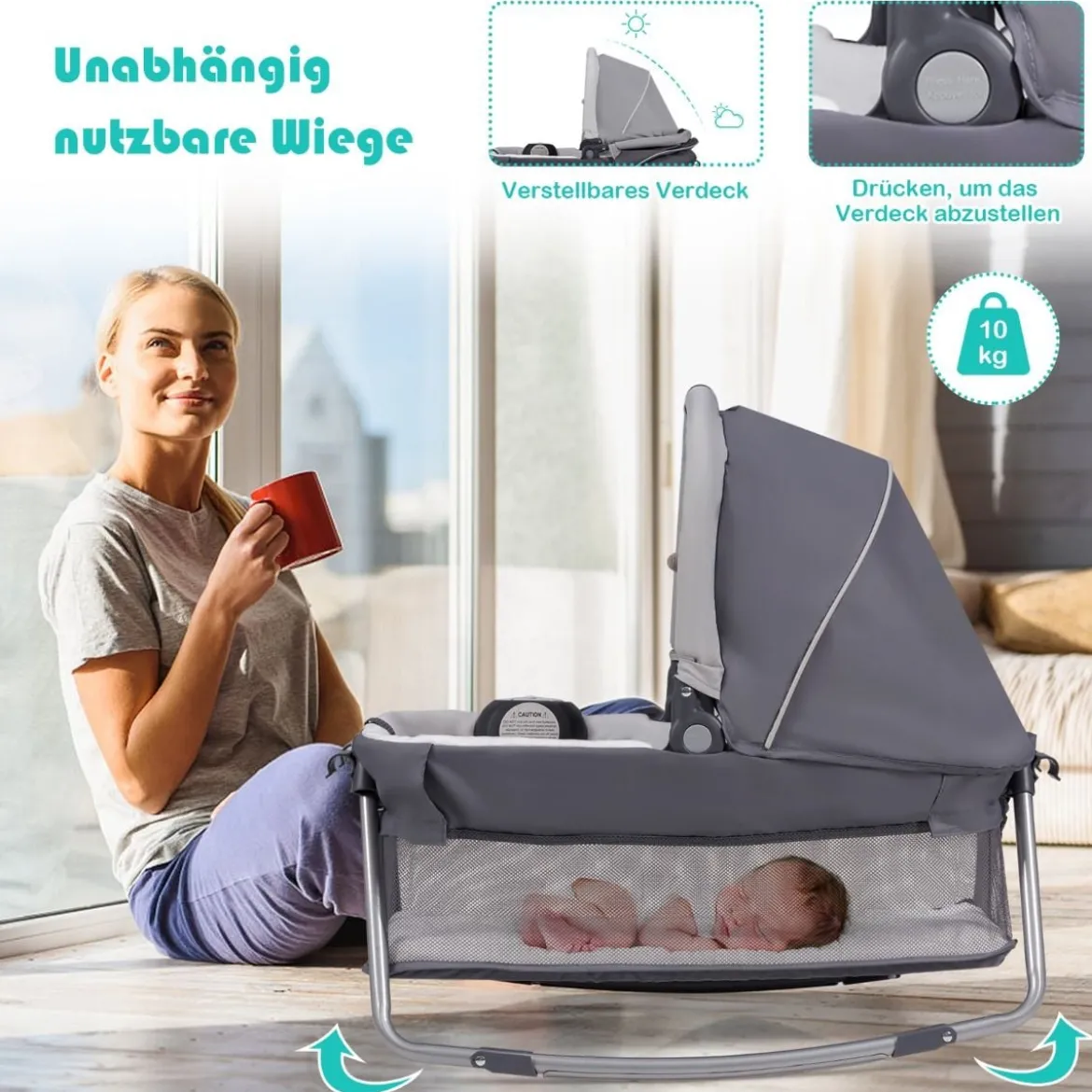 4-in-1-Baby-Laufstall mit Wiege & Wickeltisch Deluxe-Babybett 103 x 72,5 x 112 cm Grau