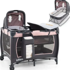 5 in 1 Baby Reisebett mit Wickeltisch & Babywiege & Matratze & 2 Spielzeugen Faltbares Babybett Rosa