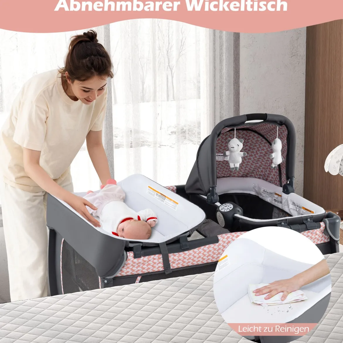 5 in 1 Baby Reisebett mit Wickeltisch & Babywiege & Matratze & 2 Spielzeugen Faltbares Babybett Rosa