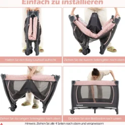 5 in 1 Baby Reisebett mit Wickeltisch & Babywiege & Matratze & 2 Spielzeugen Faltbares Babybett Rosa