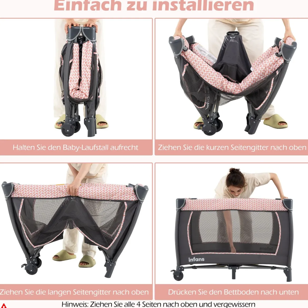 5 in 1 Baby Reisebett mit Wickeltisch & Babywiege & Matratze & 2 Spielzeugen Faltbares Babybett Rosa