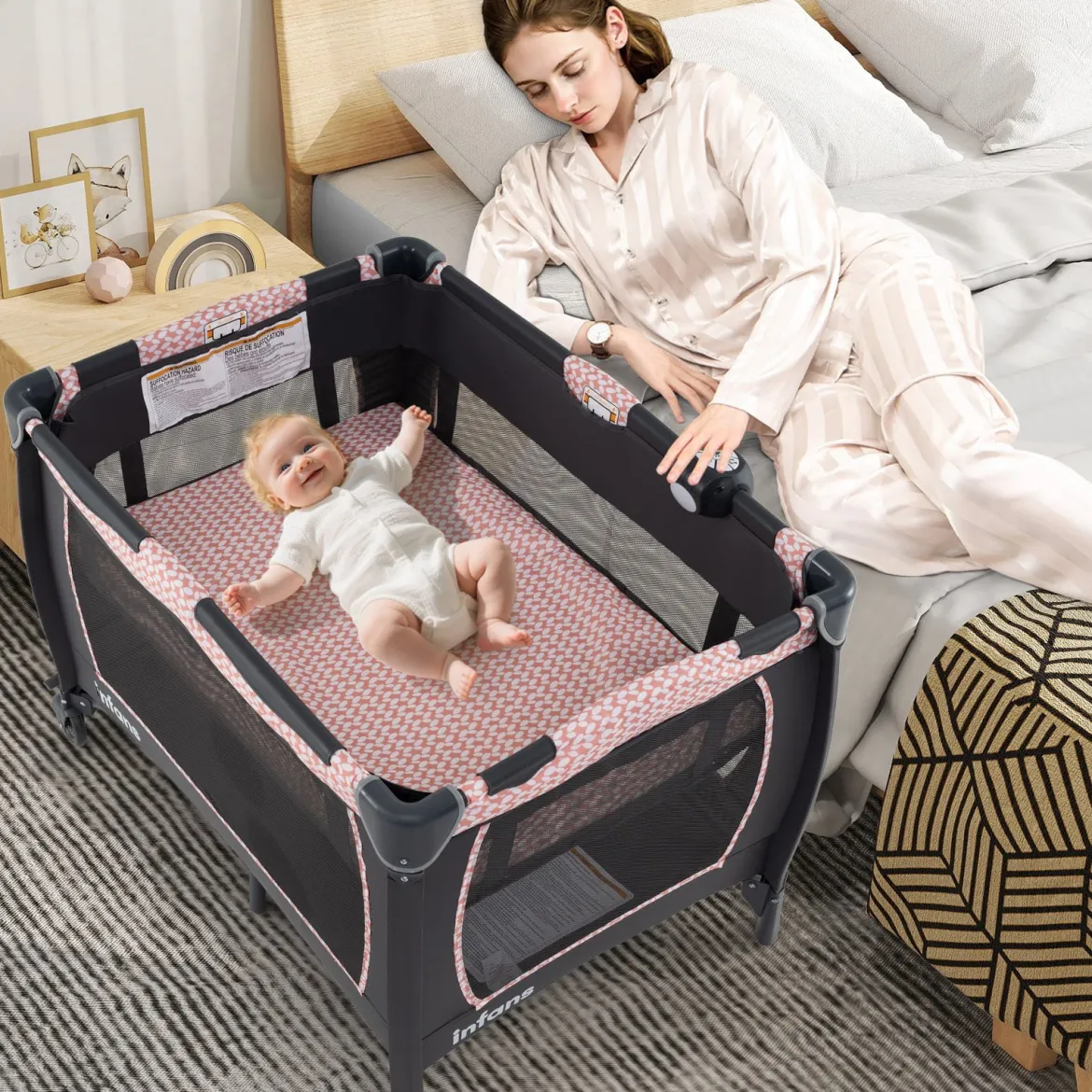 5 in 1 Baby Reisebett mit Wickeltisch & Babywiege & Matratze & 2 Spielzeugen Faltbares Babybett Rosa