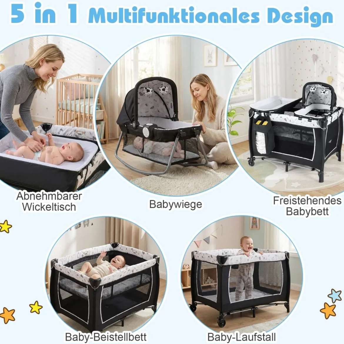 5 in 1 Baby Reisebett mit Wickeltisch & Babywiege & Matratze & 2 Spielzeugen Faltbares Babybett Beige