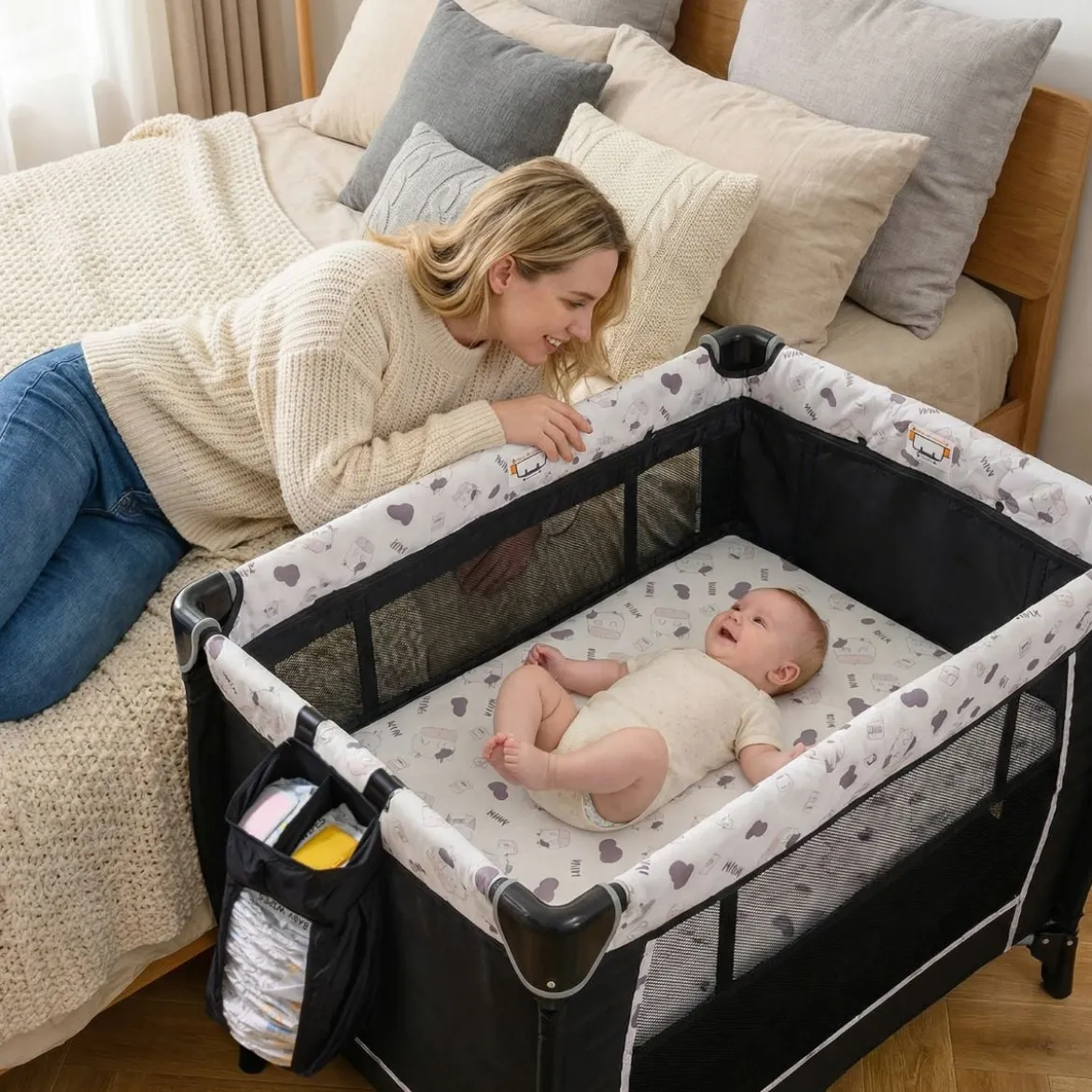 5 in 1 Baby Reisebett mit Wickeltisch & Babywiege & Matratze & 2 Spielzeugen Faltbares Babybett Beige