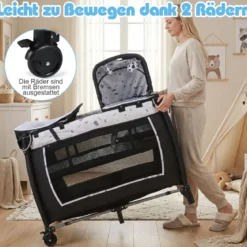 5 in 1 Baby Reisebett mit Wickeltisch & Babywiege & Matratze & 2 Spielzeugen Faltbares Babybett Beige