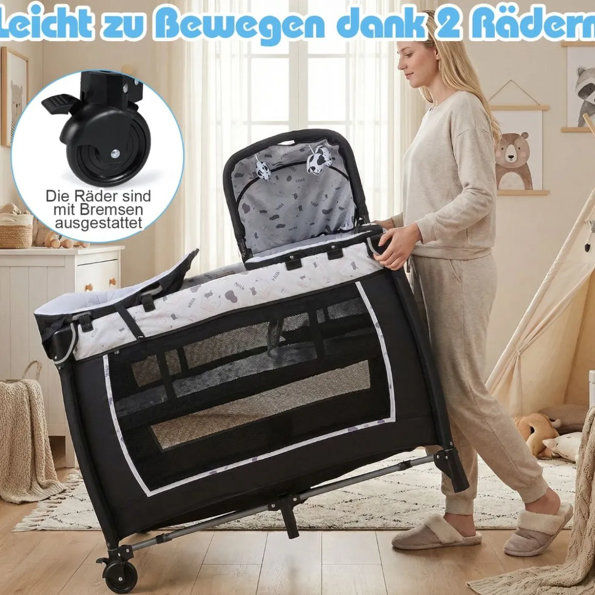 5 in 1 Baby Reisebett mit Wickeltisch & Babywiege & Matratze & 2 Spielzeugen Faltbares Babybett Beige