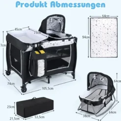 5 in 1 Baby Reisebett mit Wickeltisch & Babywiege & Matratze & 2 Spielzeugen Faltbares Babybett Beige