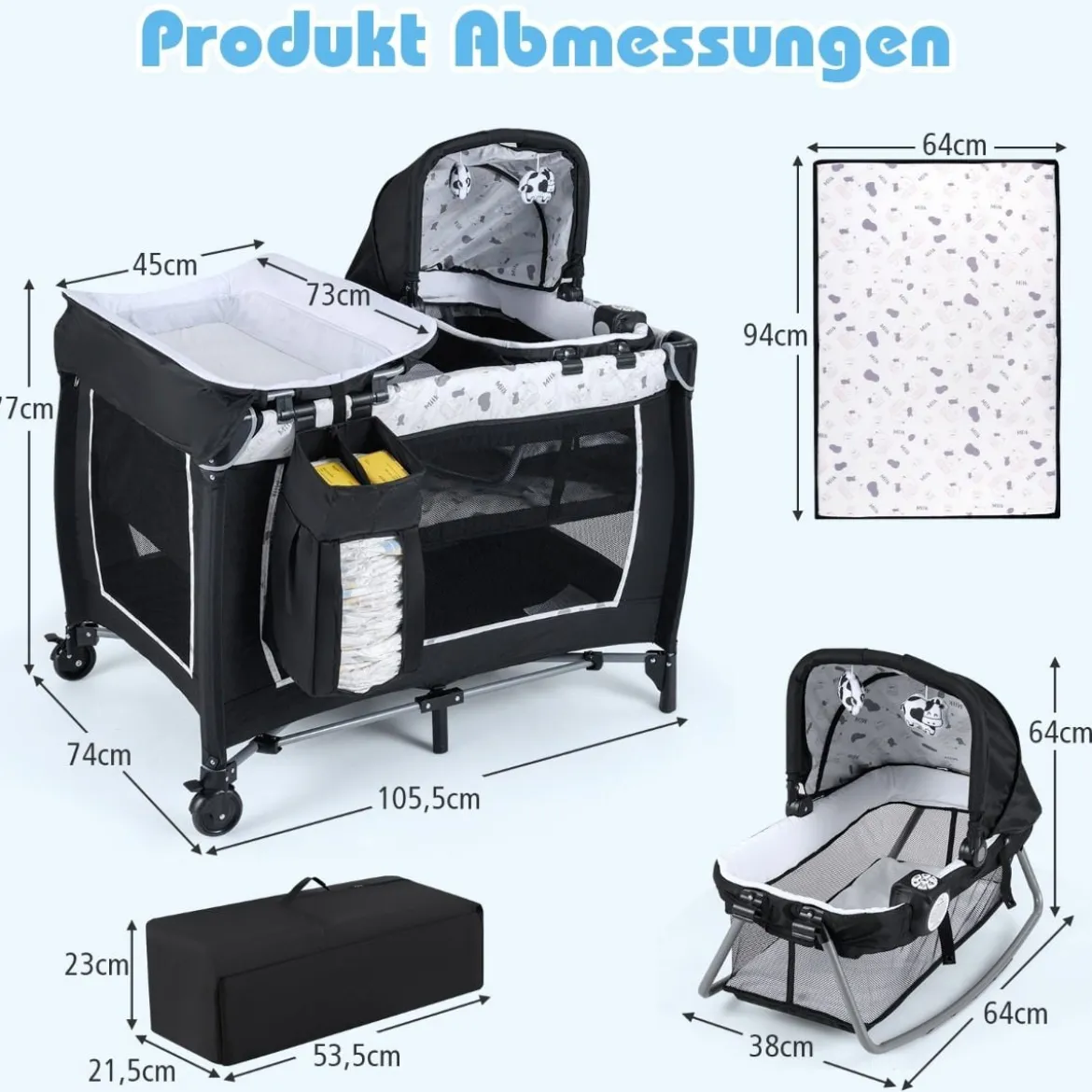 5 in 1 Baby Reisebett mit Wickeltisch & Babywiege & Matratze & 2 Spielzeugen Faltbares Babybett Beige