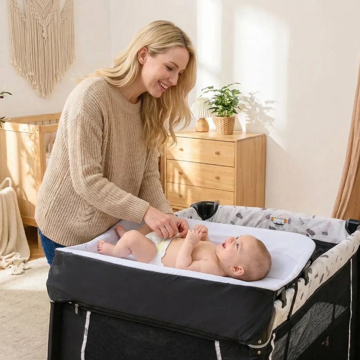 5 in 1 Baby Reisebett mit Wickeltisch & Babywiege & Matratze & 2 Spielzeugen Faltbares Babybett Beige