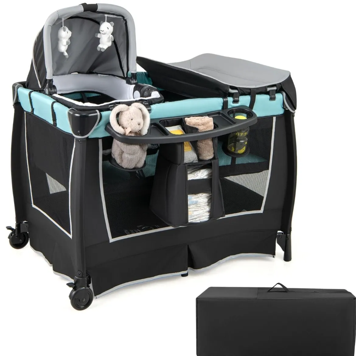 6-in-1 Baby Reisebett tragbarer Baby-Laufstall mit Schaukelwiege Wickeltisch Grün/Grau