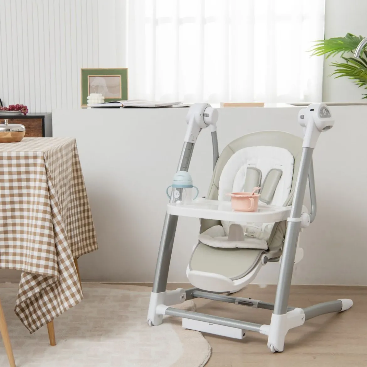 3 in 1 Babyschaukel Klappbarer Hochstuhl mit 8 Höhenstufen Grau