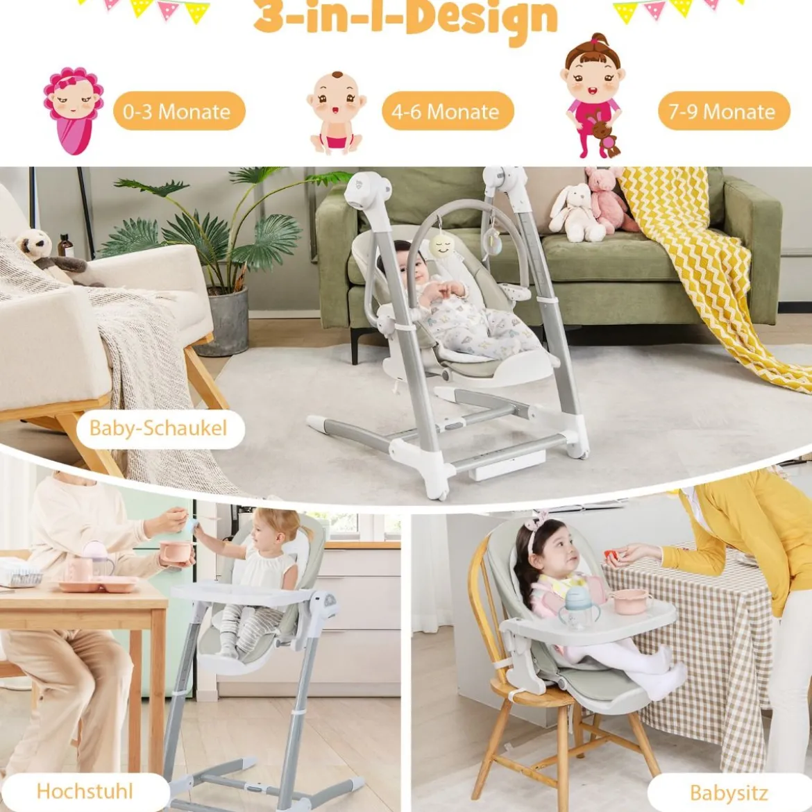 3 in 1 Babyschaukel Klappbarer Hochstuhl mit 8 Höhenstufen Grau