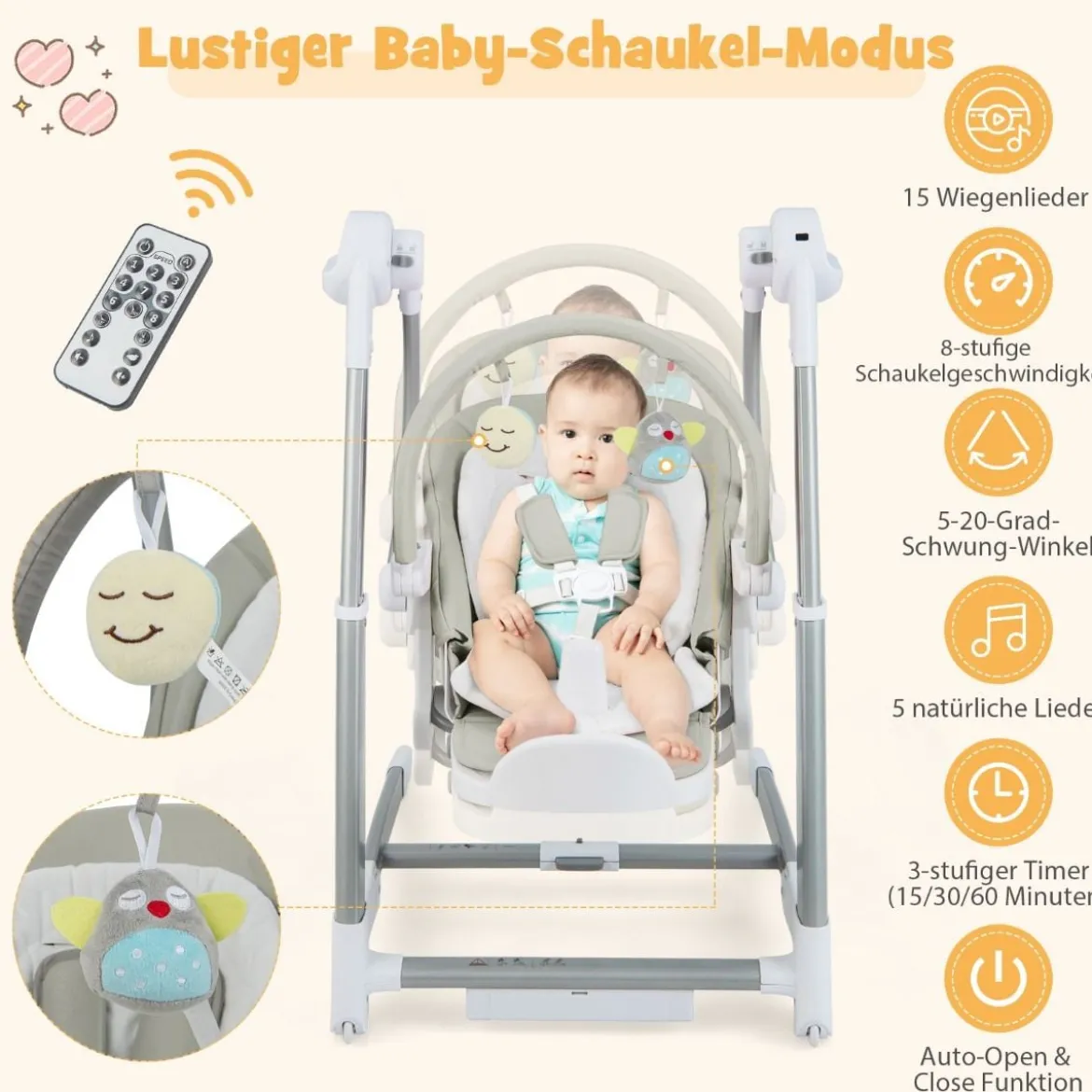 3 in 1 Babyschaukel Klappbarer Hochstuhl mit 8 Höhenstufen Grau