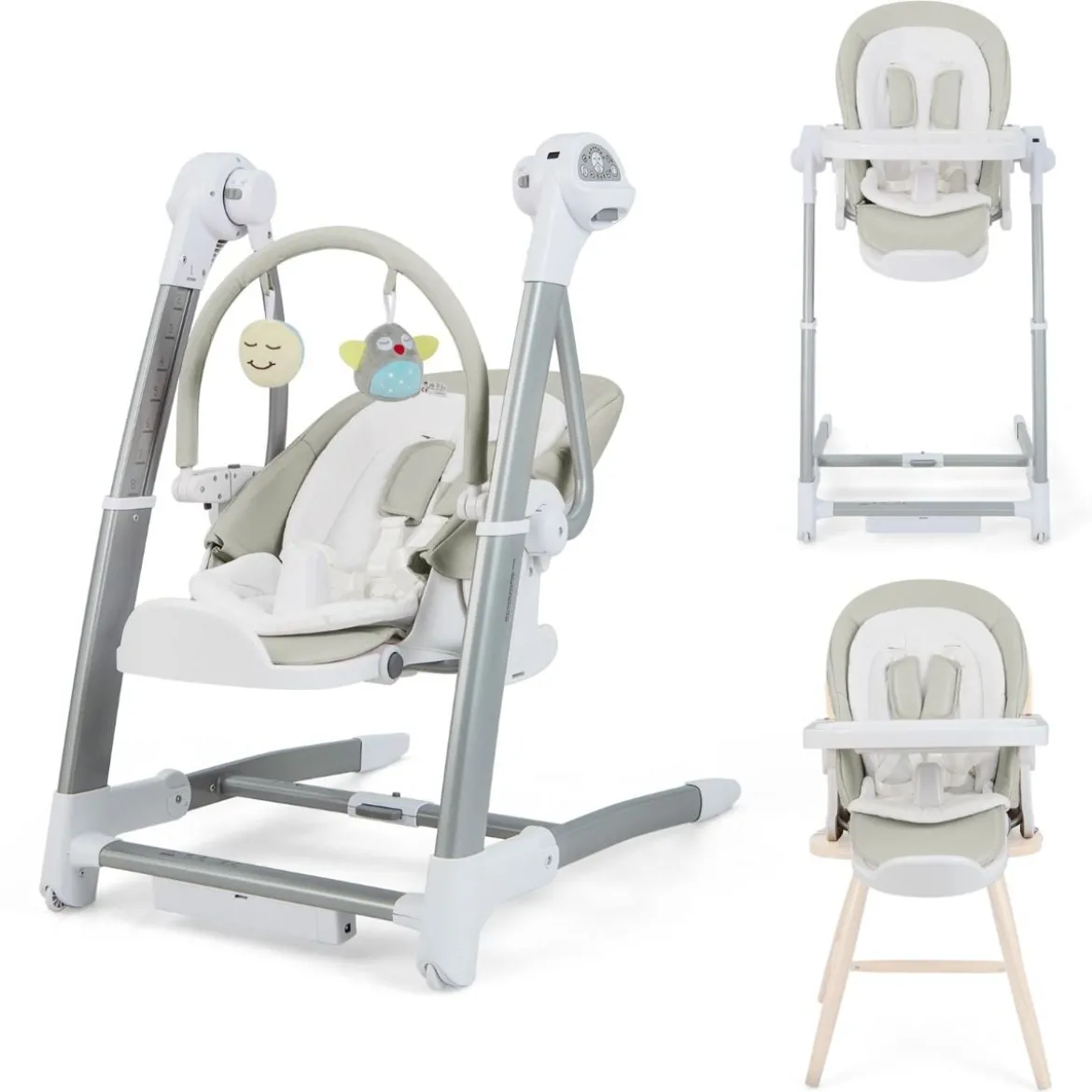 3 in 1 Babyschaukel Klappbarer Hochstuhl mit 8 Höhenstufen Grau