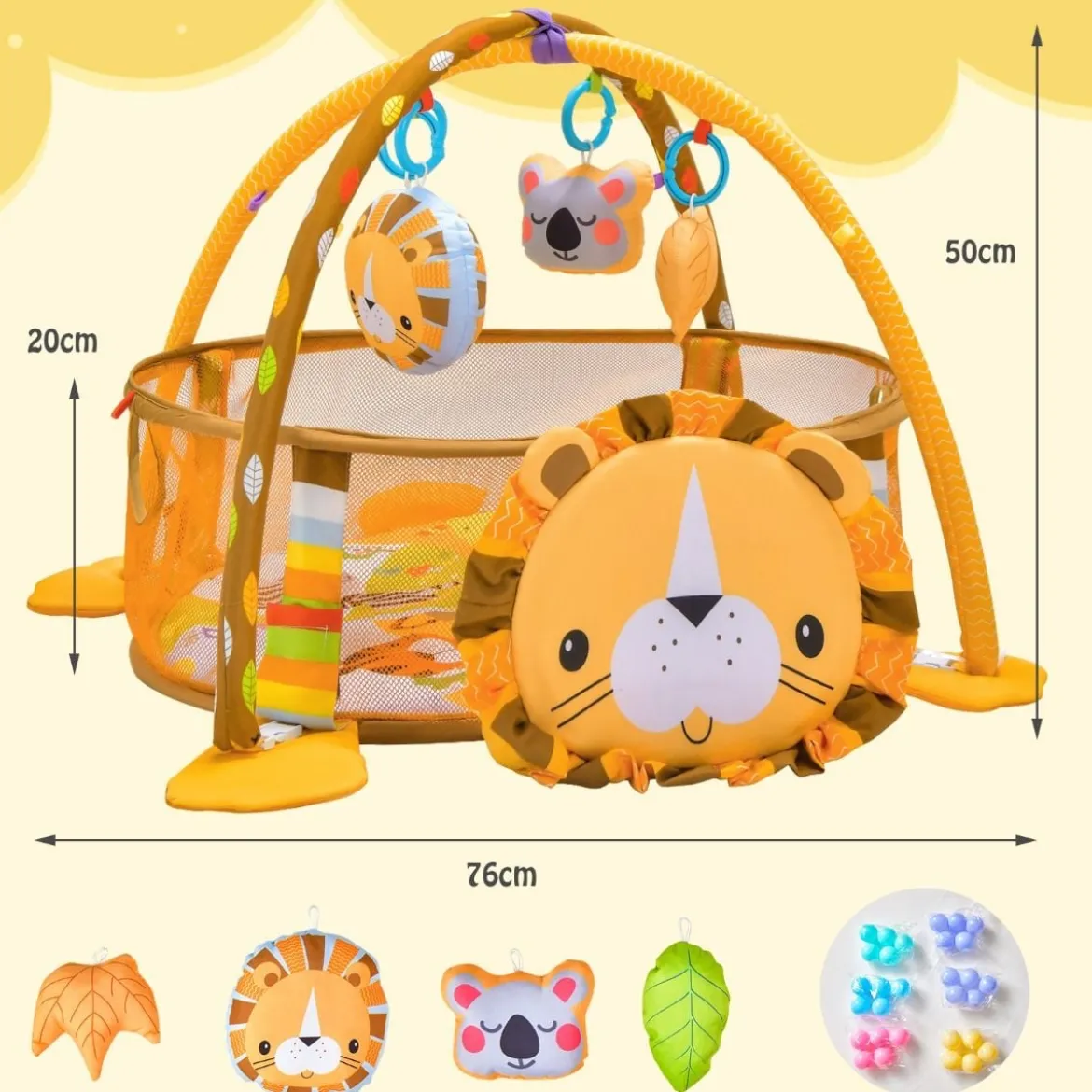4 in 1 Baby Spielmatte mit 4 Hängespielzeugen & Löwentasche & 30 Ozeanbällen