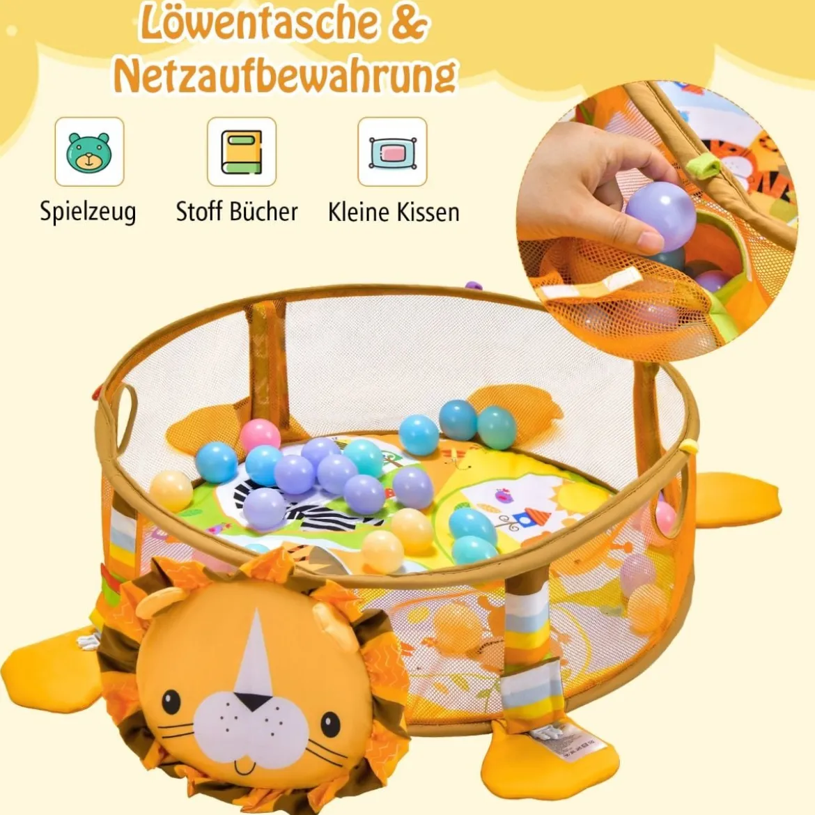 4 in 1 Baby Spielmatte mit 4 Hängespielzeugen & Löwentasche & 30 Ozeanbällen