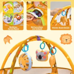 4 in 1 Baby Spielmatte mit 4 Hängespielzeugen & Löwentasche & 30 Ozeanbällen