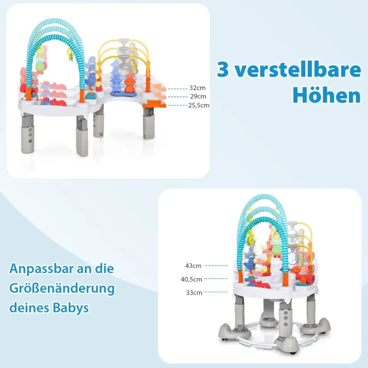 4 in 1 Baby Spielzentrum & Spielmatte & Lauflernhilfe & Aktivitätstisch mit 3 Verstellbaren Höhen Grau