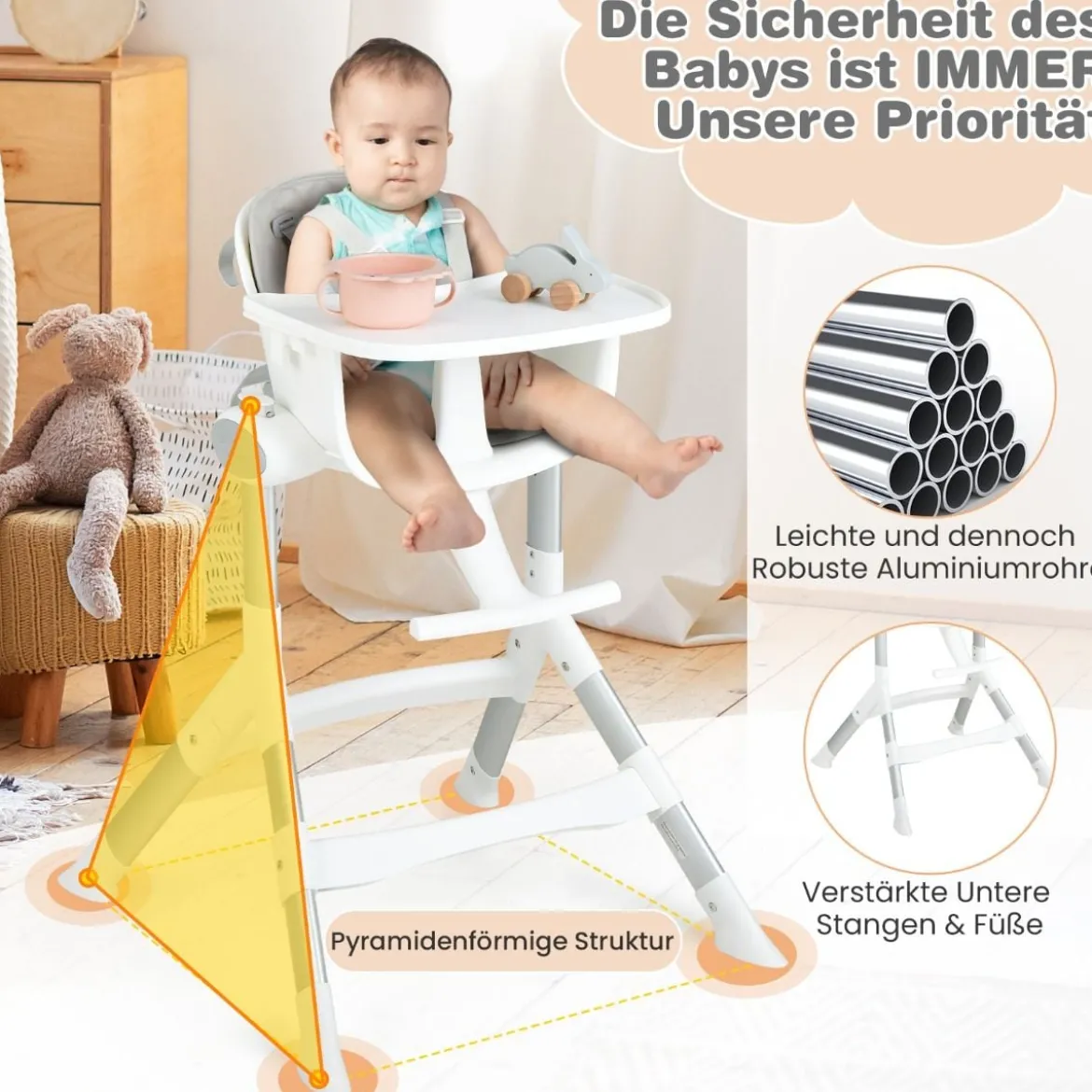4 in 1 Babystuhl Babyhochstuhl Umwandelbar mit 5-Fach Verstellbarer Höhe Grau