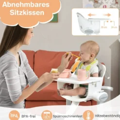 4 in 1 Babystuhl Babyhochstuhl Umwandelbar mit 5-Fach Verstellbarer Höhe Grau
